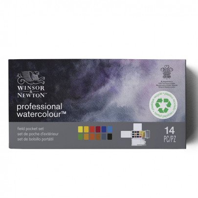 Набір акварельних фарб Winsor & Newton Professional Watercolour Field Box, 12 кольорів + пензлик + губка