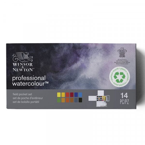 Набір акварельних фарб Winsor & Newton Professional Watercolour Field Box, 12 кольорів + пензлик + губка