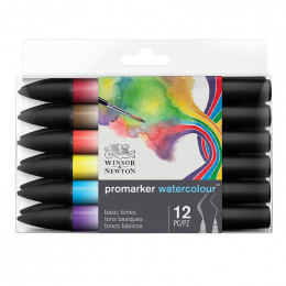 Набір акварельних маркерів 12 кольорів, двосторонні, Winsor & Newton Promarker Watercolour Basic Tones Markers Set