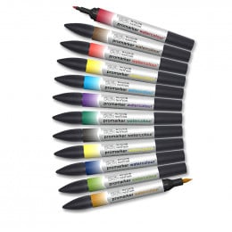 Набір акварельних маркерів 12 кольорів, двосторонні, Winsor & Newton Promarker Watercolour Basic Tones Markers Set