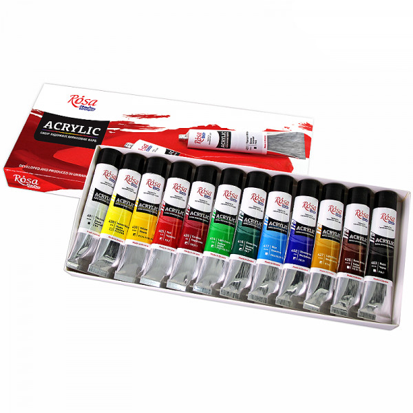 Набір акрилових фарб ROSA Studio, 12 шт, туби по 20 мл