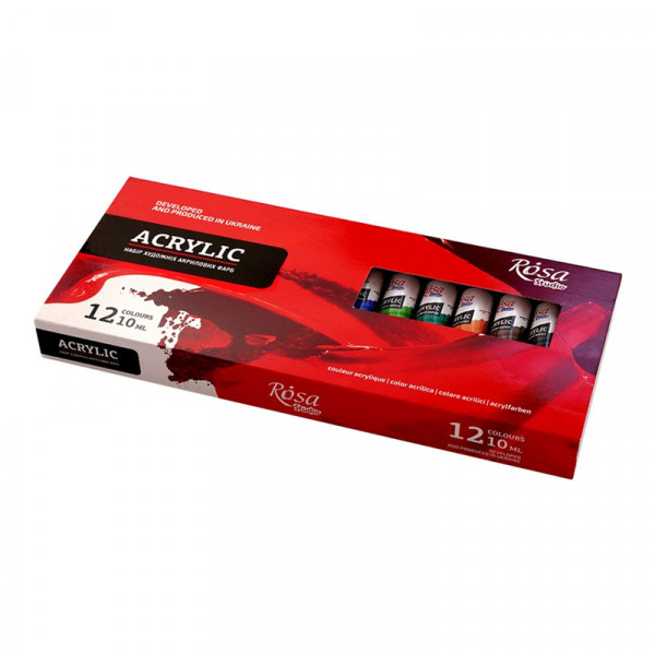 Набор акриловых красок 12 цветов, тубы по 10 мл, ROSA Studio