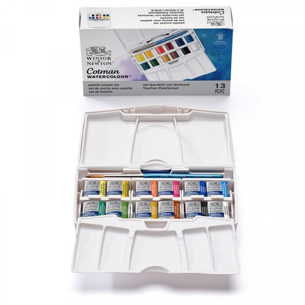 Набір акварельних фарб Winsor & Newton Cotman Half Pan Studio Set, 12 шт + пензлик