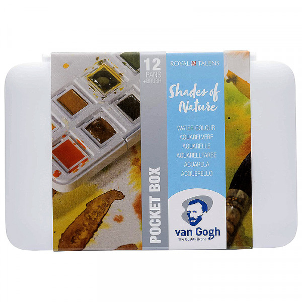 Набір акварельних фарб Van Gogh, Pocket box SHADES OF NATURE, кювети 12 кол., В пластиковому пеналі + пензлик, RoyalTalens