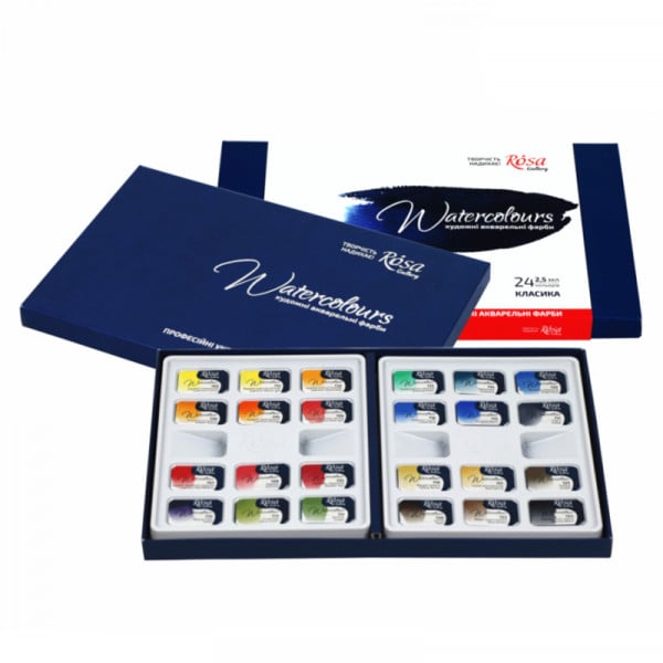Набір акварельних фарб "Класика" ROSA Gallery, 24 кольори в кюветах, картонна коробка
