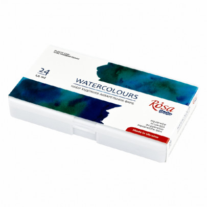 Набір акварельних фарб 24 кольори в півкюветах, пластиковий пенал + палітра, ROSA Studio