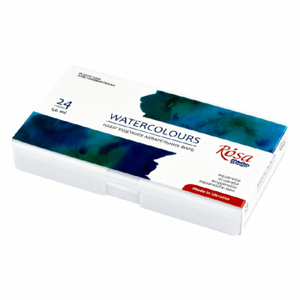 Набір акварельних фарб 24 кольори в півкюветах, пластиковий пенал + палітра, ROSA Studio