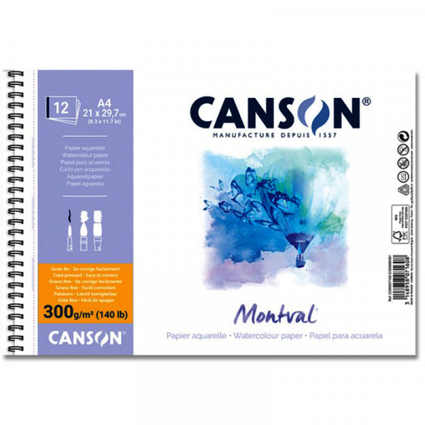 Альбом (блок) для акварелі на спіралі Canson Montval 12 аркушів 300 г/м2 А4 (21x29,7 см)