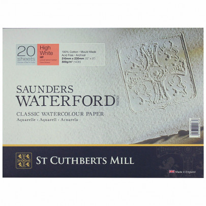 Альбом (блок) для акварели, горячий пресс, 100% хлопок, 20 листов 300 г/м2 23*31см, Saunders Waterford Hight White