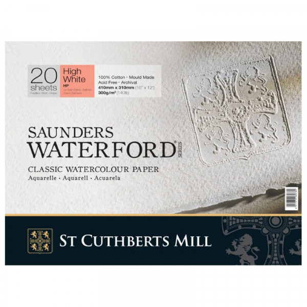 Альбом (блок) для акварелі, гарячий прес, 100% бавовна, 20 аркушів 300 г/м2 31*41 см, Saunders Waterford Hight White