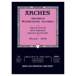 Альбом (блок) для акварелі, гарячий прес, 12 аркушів 300 г/м2, А5 (14,8*21 см), Arches Hot Pressed 