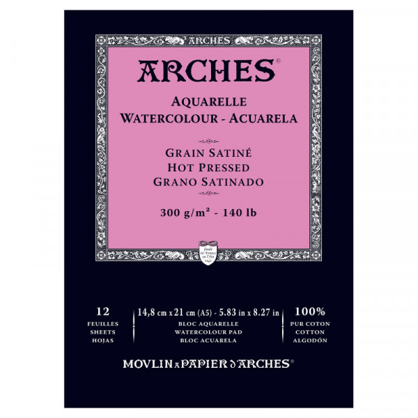 Альбом (блок) для акварелі, гарячий прес, 12 аркушів 300 г/м2, А5 (14,8*21 см), Arches Hot Pressed 