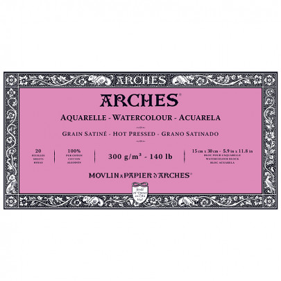 Альбом (блок) для акварели, горячий пресс, Arches Hot Pressed, 20 листов 300 г/м2, 15x30 см
