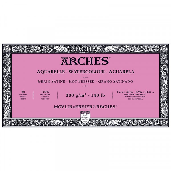 Альбом (блок) для акварели, горячий пресс, Arches Hot Pressed, 20 листов 300 г/м2, 15x30 см