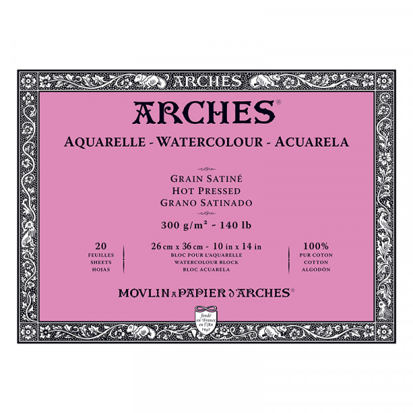Альбом (блок) для акварели, горячий пресс, Arches Hot Pressed, 20 листов 300 г/м2, 26x36 см