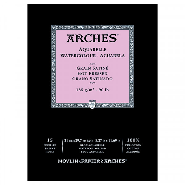 Альбом (блок) для акварелі, гарячий прес, 15 аркушів 185 г/м2, 21*29,7 см, Arches Hot Pressed