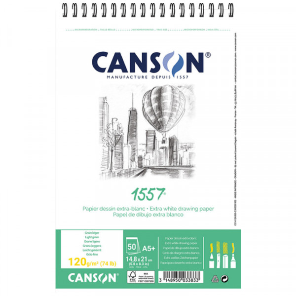 Альбом для ескізів на спіралі A5 (50) 14,8x21 см 120 г Canson 1557® Sketch Light grain, 5003-383