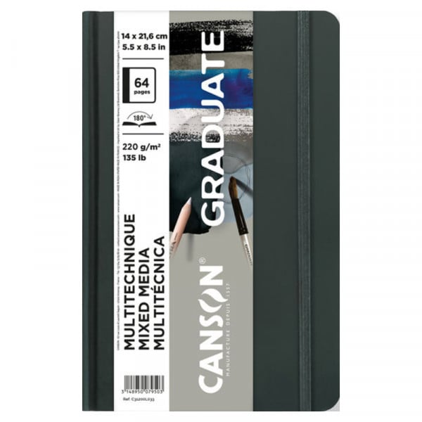 Скетчбук Canson тверда обкладинка 64 сторінки, сірі аркуші 14,8*21 см., 220 г/м2, Graduate Books Mixed Media