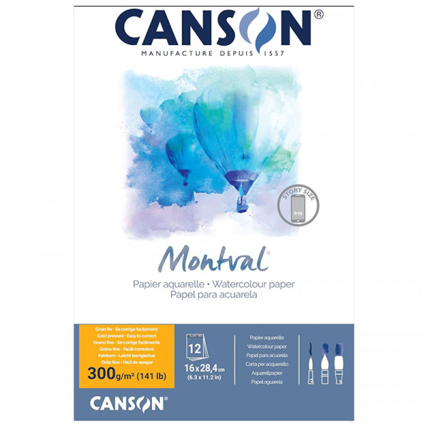 Альбом (блок) для акварелі Canson Montval Cold Pressed 300 г, 16x28,4 см (12 аркушів), story format