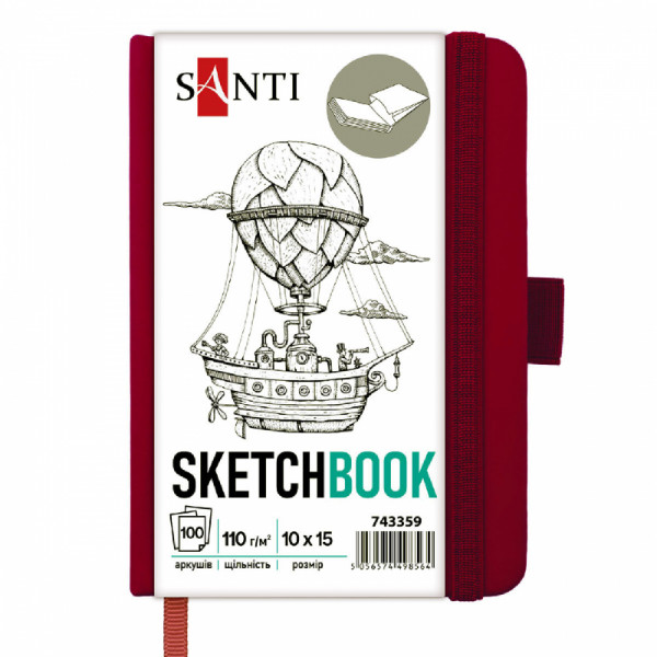 Cкетчбук для графіки 10*15 см, 100 арк., 110 г/м2, тверда обкладинка PU сливова, Santi