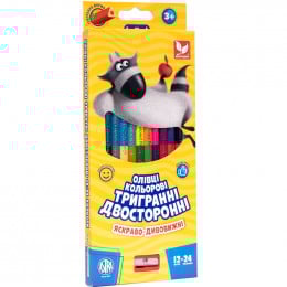 Набор цветных карандашей трехгранных, двухсторонних + чинка Школярик, 12 шт, 24 цвета