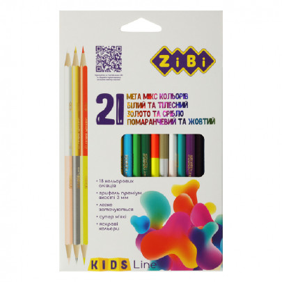 Олівці кольорові ZiBi, 21 кол. (15 стандарт, 3 двостор.), тригранні
