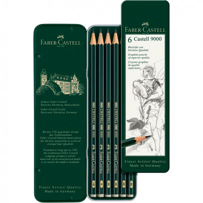 Набір чорнографітних олівців FaberCastell CASTELL 9000, 6 шт., металева коробка