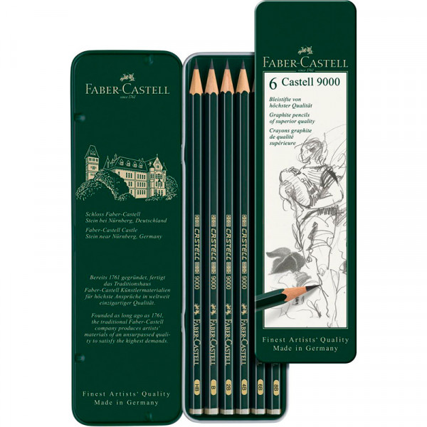 Набір чорнографітних олівців FaberCastell CASTELL 9000, 6 шт., металева коробка