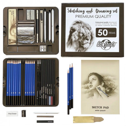 Набір графітних матеріалів Art Planet "Лев", 50 предметів у картонному пеналі