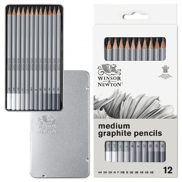 Набір графітових олівців Studio Collection Medium Graphite Pencil, 12 шт, метал, Winsor&Newton