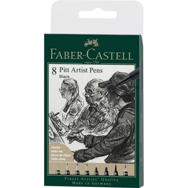 Набір капілярних ручок PITT Artist Pen Black (0.05,0.3,0.5,0.7,1.5,C,B,FH), 8 шт, Faber-Castell