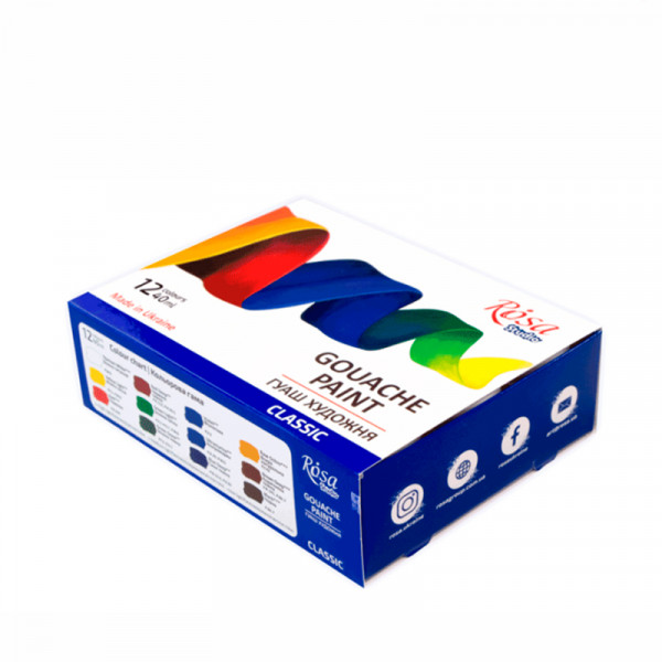 Набір гуашевих фарб Classic 12 кольорів по 40 мл, ROSA Studio 