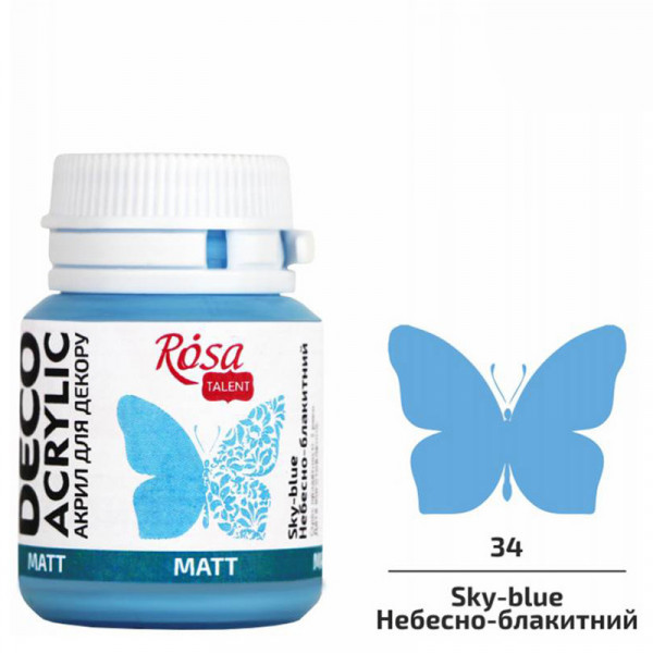 Акрилова матова фарба для декору, ROSA Talent №34 Небесно-блакитний, 20 мл