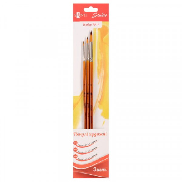 Набір пензлів №1 синтетика круглі, 3 шт. (№1,4,8) коротка ручка Santi 
