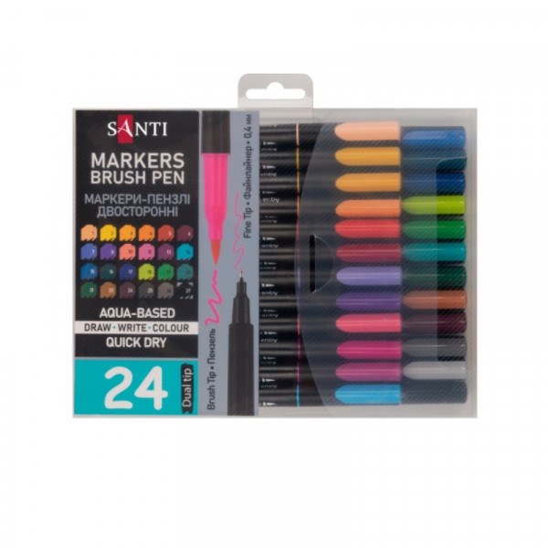 Набір акварельних маркерів 24 кольори, двосторонні Santi "Brush Pen"