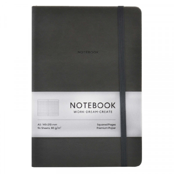 Блокнот у клітинку А5 96 аркушів кремового кольору 80 г/м2, тверда обкладинка колір Dark Gray, Notebook Школярик